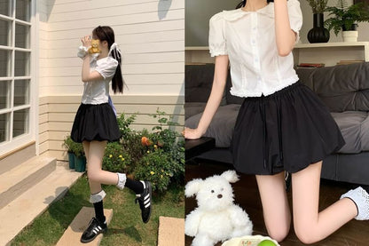 Drawstring Mini A-Line Skirt in Plain Solid