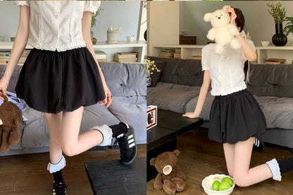 Drawstring Mini A-Line Skirt in Plain Solid