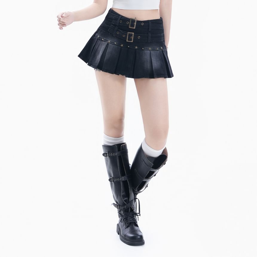 Washed Belted Pleated Mini A-Line Denim Skirt High Waist
