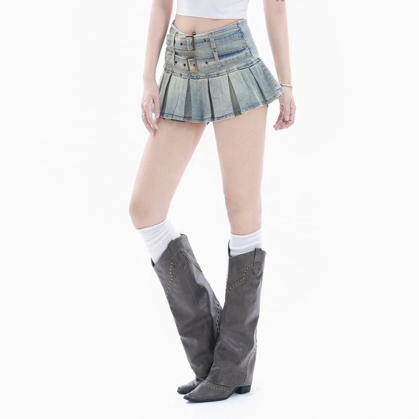 Washed Belted Pleated Mini A-Line Denim Skirt High Waist