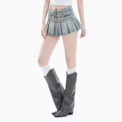 Washed Belted Pleated Mini A-Line Denim Skirt High Waist