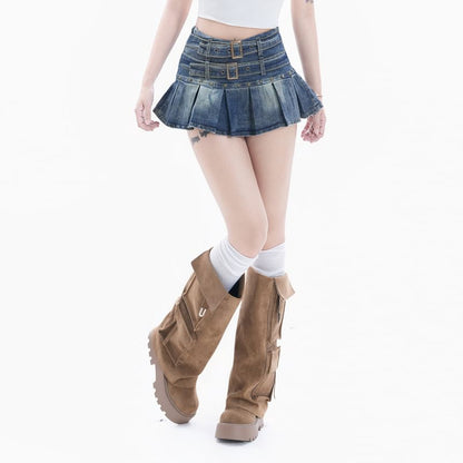 Washed Belted Pleated Mini A-Line Denim Skirt High Waist