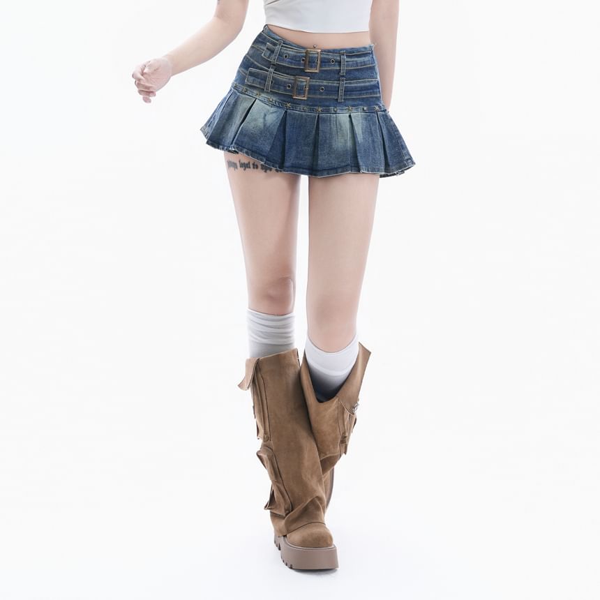 Washed Belted Pleated Mini A-Line Denim Skirt High Waist