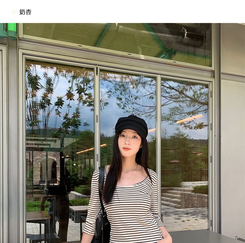 Striped Scoop Neck Tee with Three-Quarter Sleeves