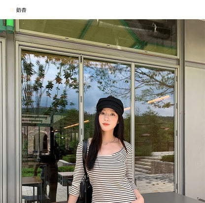 Striped Scoop Neck Tee with Three-Quarter Sleeves