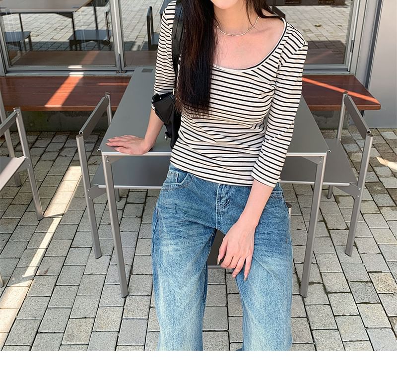Striped Scoop Neck Tee with Three-Quarter Sleeves