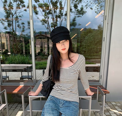 Striped Scoop Neck Tee with Three-Quarter Sleeves