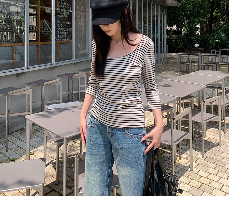 Striped Scoop Neck Tee with Three-Quarter Sleeves