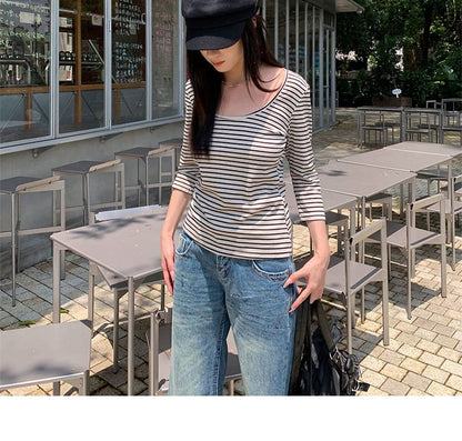 Striped Scoop Neck Tee with Three-Quarter Sleeves