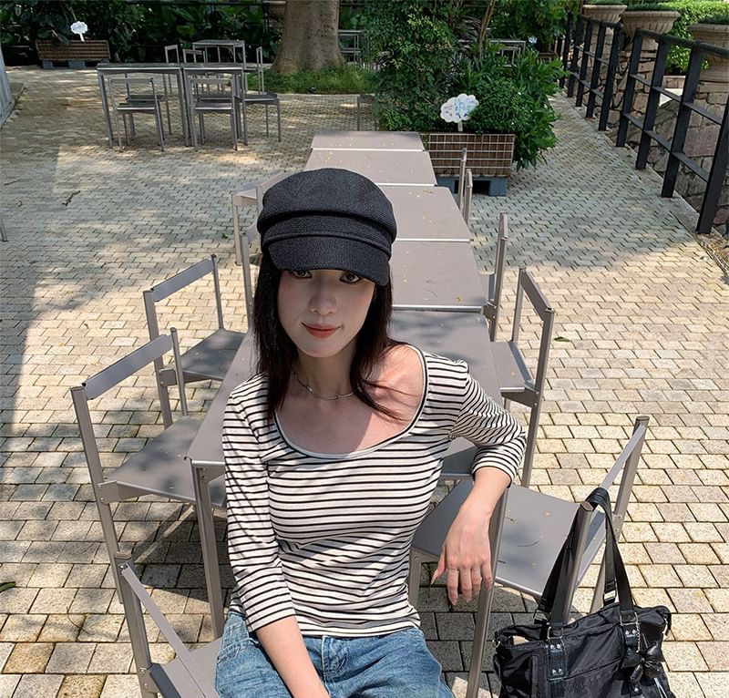 Striped Scoop Neck Tee with Three-Quarter Sleeves