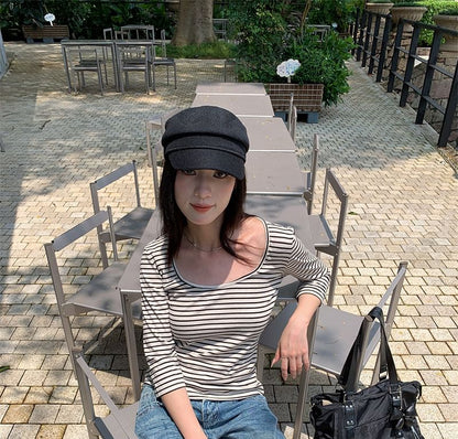 Striped Scoop Neck Tee with Three-Quarter Sleeves