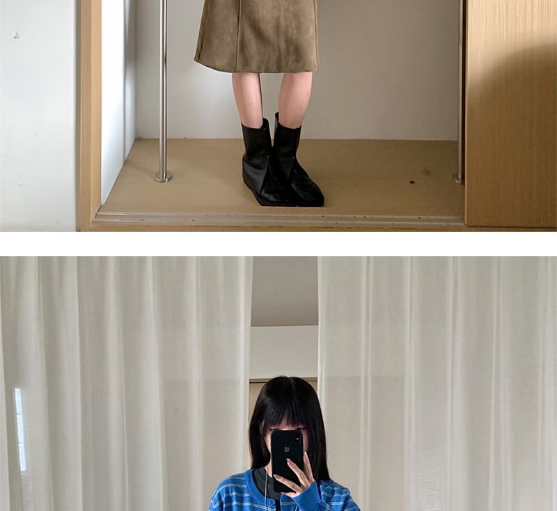 Belted Faux Suede Midi A-Line Skirt Low Waist
