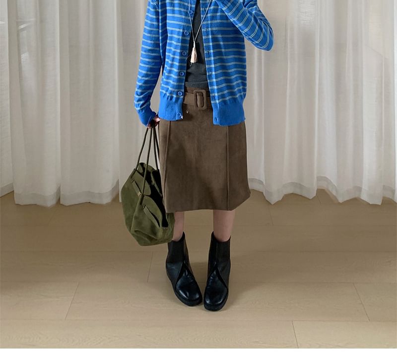 Belted Faux Suede Midi A-Line Skirt Low Waist