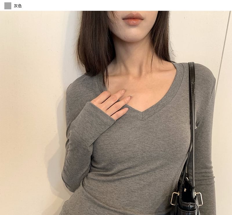 Plain V-Neck Top with Long Sleeves