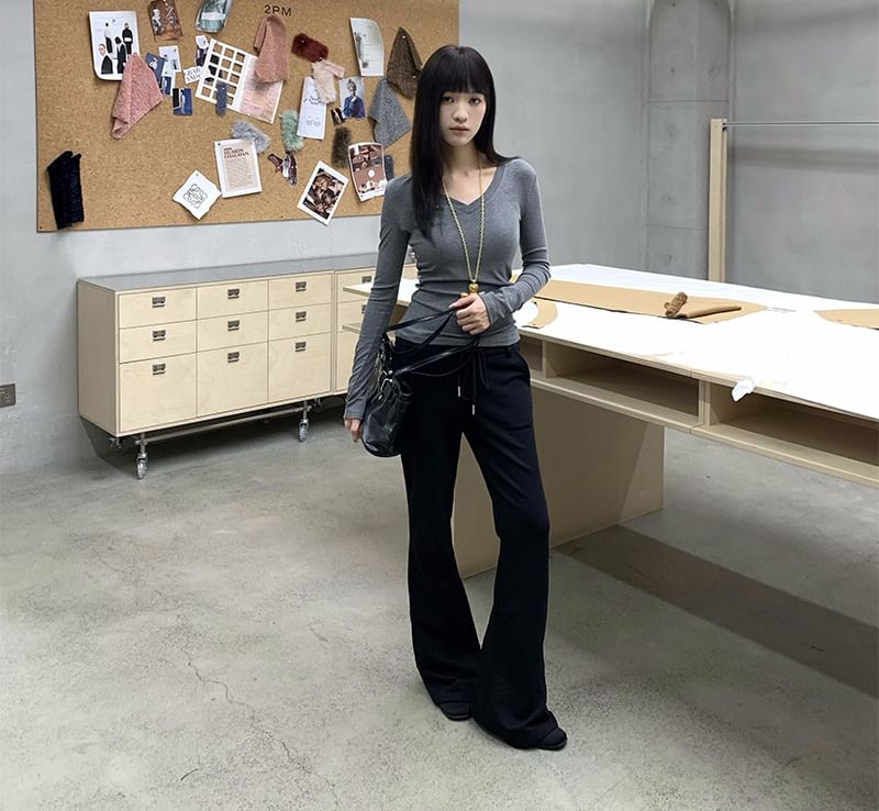 Plain V-Neck Top with Long Sleeves
