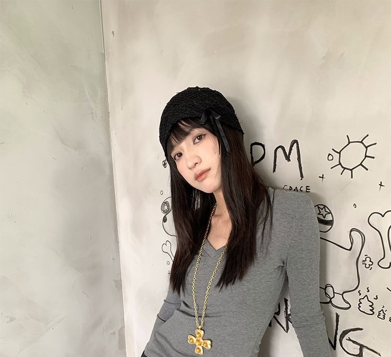 Plain V-Neck Top with Long Sleeves