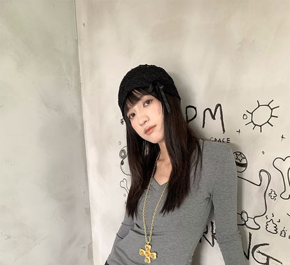 Plain V-Neck Top with Long Sleeves