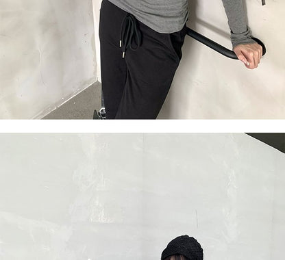 Plain V-Neck Top with Long Sleeves