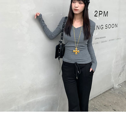 Plain V-Neck Top with Long Sleeves