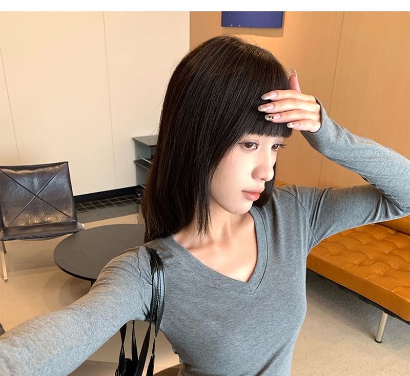 Plain V-Neck Top with Long Sleeves