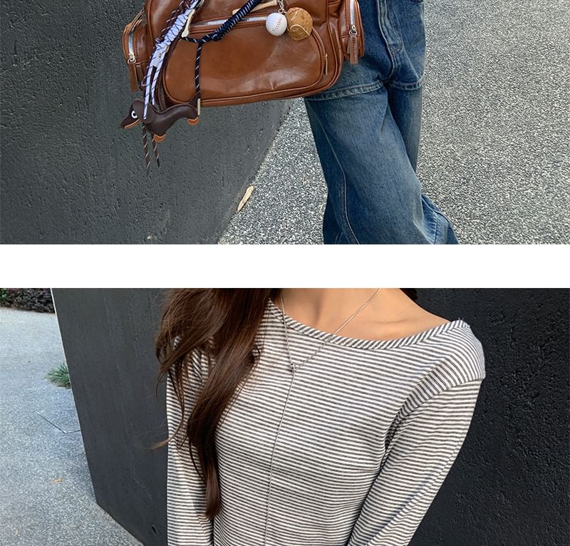 Backless Striped Top with Boat Neck and Long Sleeves