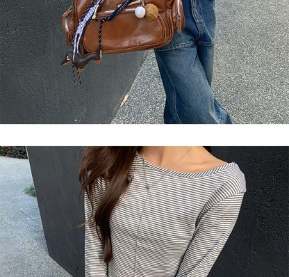 Backless Striped Top with Boat Neck and Long Sleeves