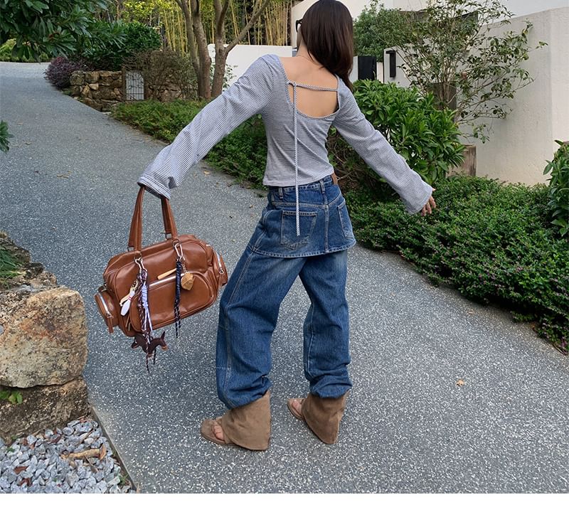 Backless Striped Top with Boat Neck and Long Sleeves