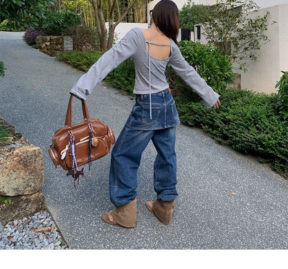 Backless Striped Top with Boat Neck and Long Sleeves