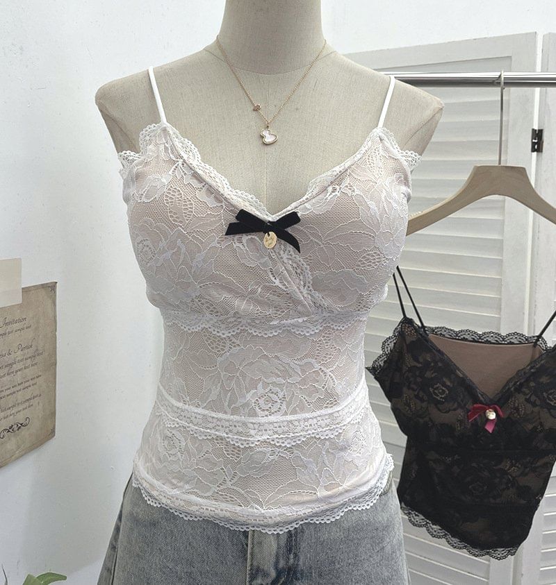 Lace Camisole with V-Neck and Spaghetti Straps in Solid Tone