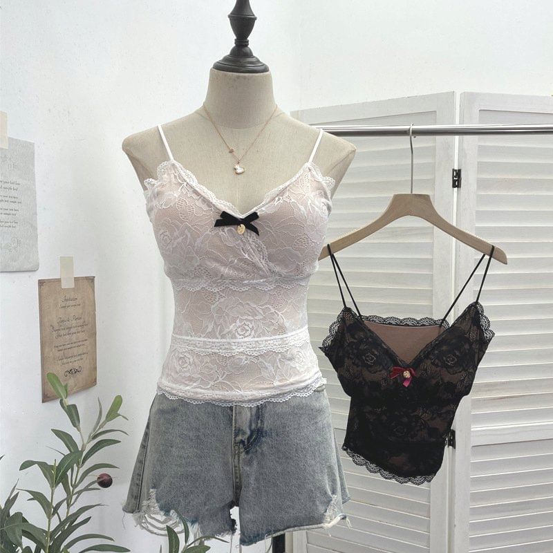 Lace Camisole with V-Neck and Spaghetti Straps in Solid Tone