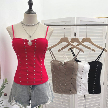 Lace Up Camisole with Spaghetti Straps and Studded Details