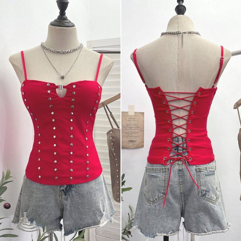 Lace Up Camisole with Spaghetti Straps and Studded Details