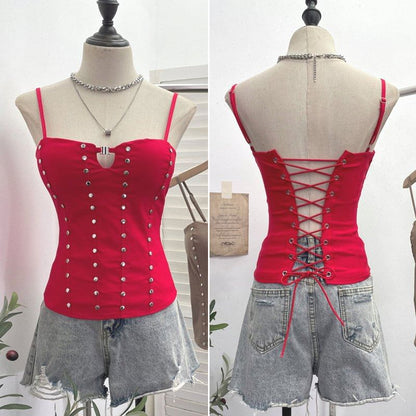 Lace Up Camisole with Spaghetti Straps and Studded Details