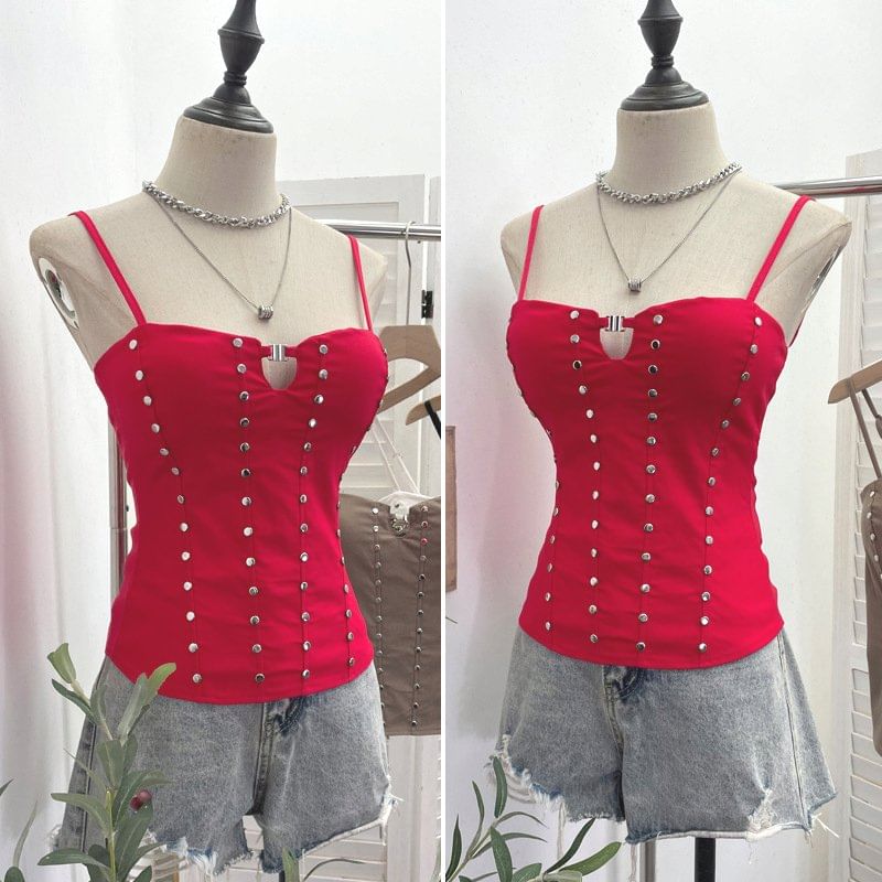 Lace Up Camisole with Spaghetti Straps and Studded Details