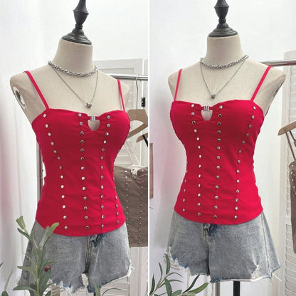 Lace Up Camisole with Spaghetti Straps and Studded Details