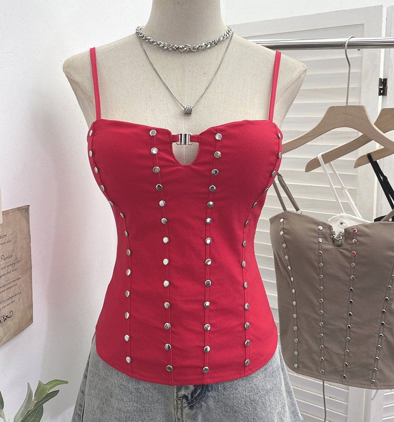 Lace Up Camisole with Spaghetti Straps and Studded Details