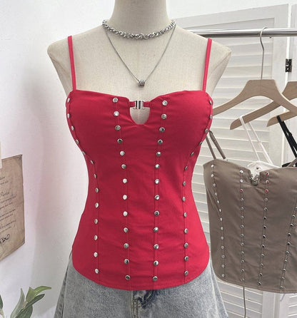 Lace Up Camisole with Spaghetti Straps and Studded Details