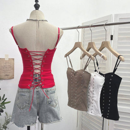 Lace Up Camisole with Spaghetti Straps and Studded Details