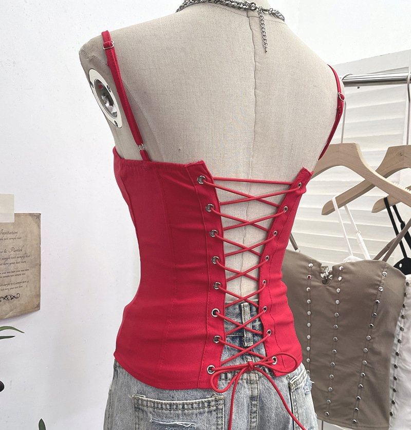 Lace Up Camisole with Spaghetti Straps and Studded Details