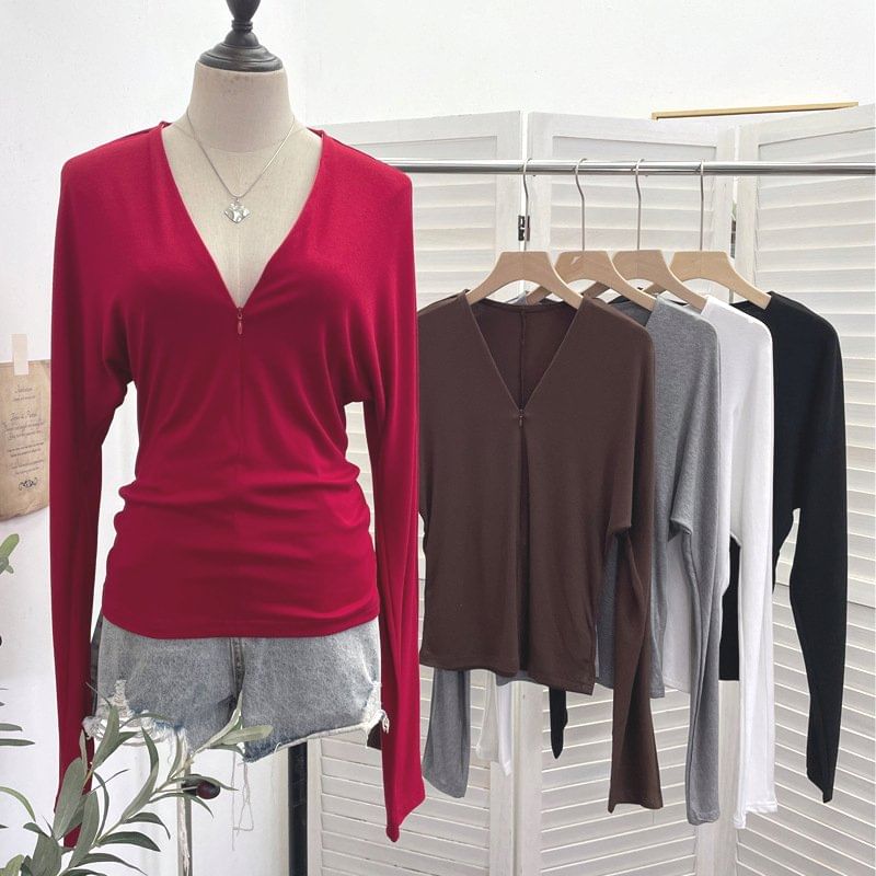 Solid V-Neck Tee with Long Sleeves