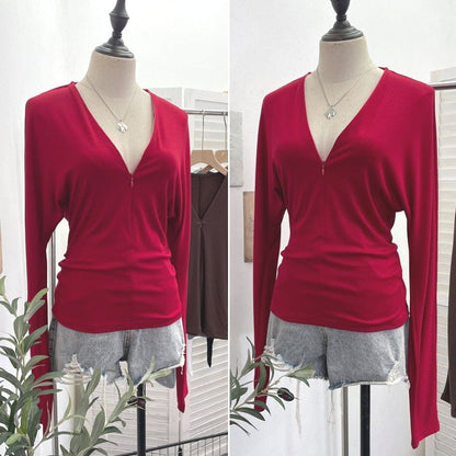 Solid V-Neck Tee with Long Sleeves