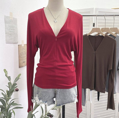 Solid V-Neck Tee with Long Sleeves