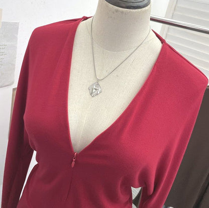 Solid V-Neck Tee with Long Sleeves