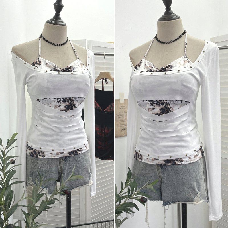 Two-Piece T-Shirt with Cold Shoulder and Mock Neck Long Sleeves