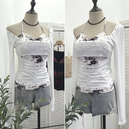 Two-Piece T-Shirt with Cold Shoulder and Mock Neck Long Sleeves