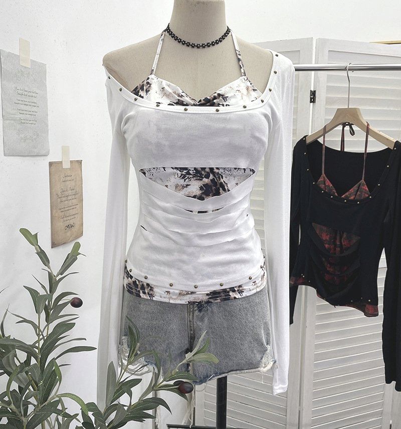 Two-Piece T-Shirt with Cold Shoulder and Mock Neck Long Sleeves