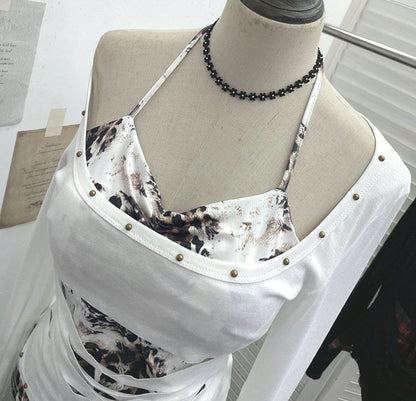 Two-Piece T-Shirt with Cold Shoulder and Mock Neck Long Sleeves