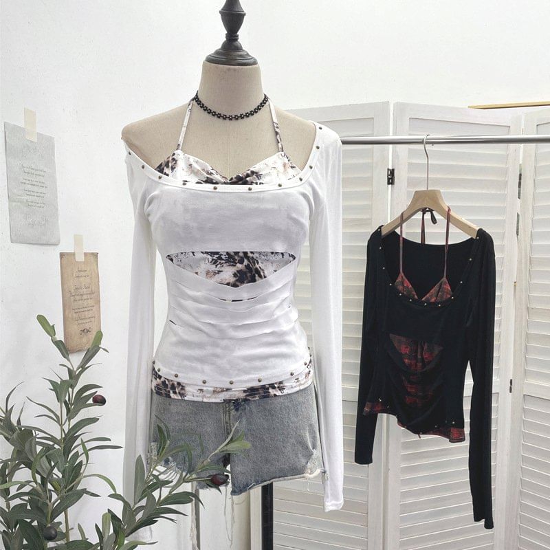 Two-Piece T-Shirt with Cold Shoulder and Mock Neck Long Sleeves