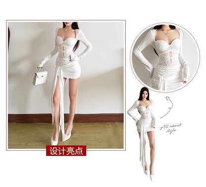 Lace Panel Bodysuit with Cutout and Padded Design Plus High Waist Pencil Skirt