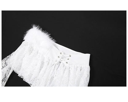 Asymmetrical Fluffy Panel Lace-Up Lace Mini A-Line Skirt Low Rise
